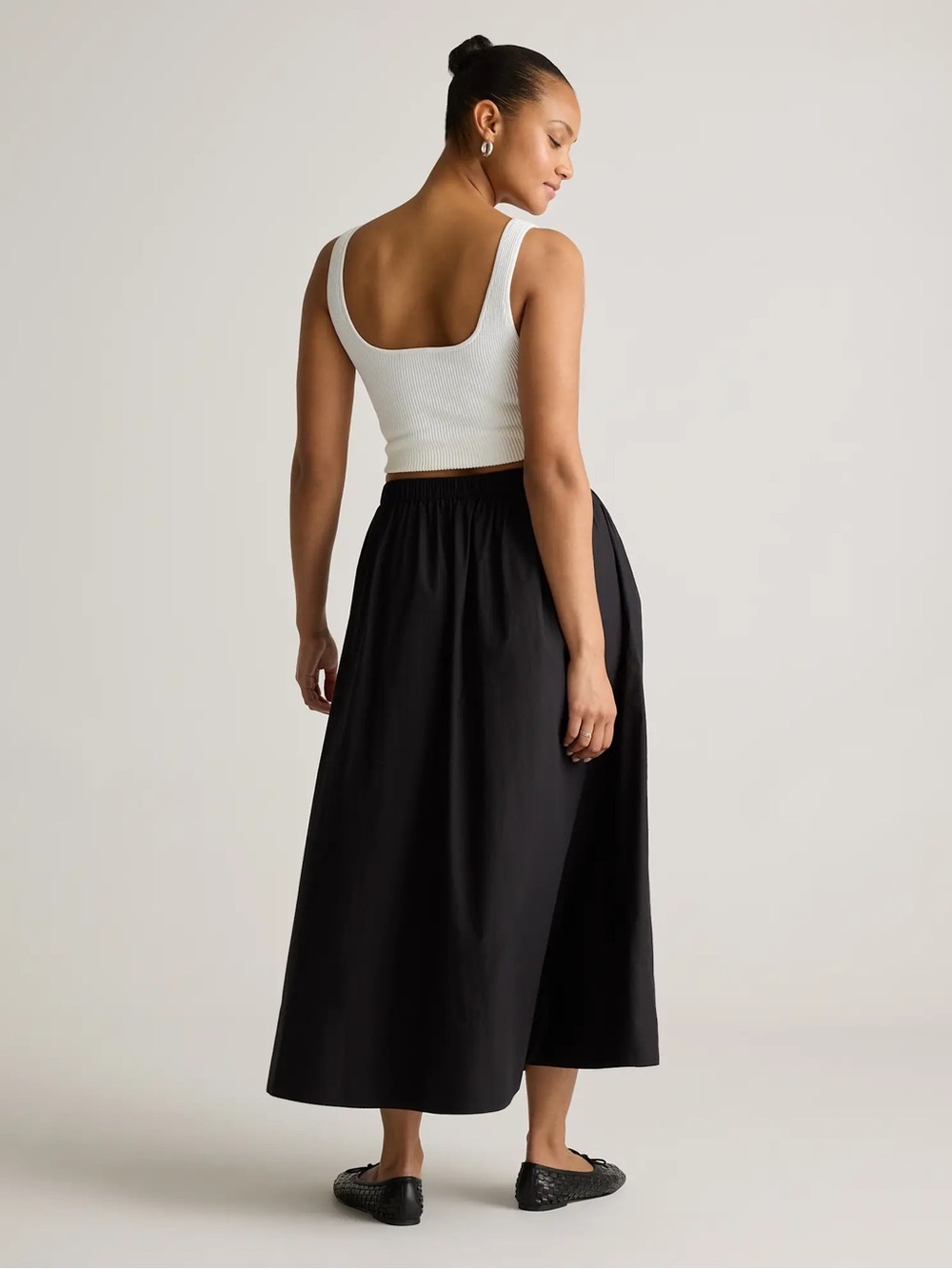 Quince Black Organic Cotton Poplin Maxi Skirt XS NWT Elastic Waist Pockets